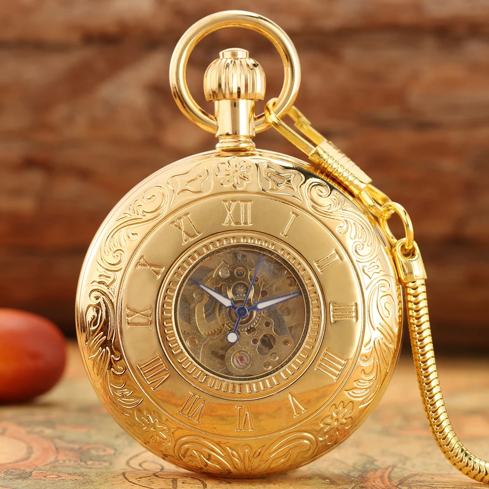 classic-roman-numeral-cover-pocket-watch-automatic-mechanical-pendant-clock-necklace-women-high-end-relief-golden-copper-shell