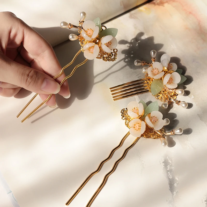 QIANJI Hanfu аксессуары для волос полный набор заколки жемчужные цветы Великолепная Классическая Фея Hanfeng головной убор