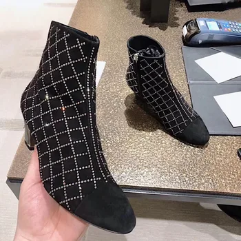 

Crystal Decor Ankle Boots Women Brand Designer Winter Shoes Woman Black Short Booties Chunky Med Heels Botas Mujer Invierno 2019