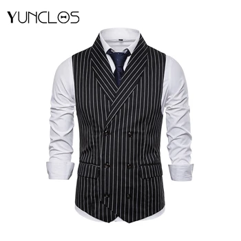 

YUNCLOS Black Business Wedding Party Men Vests Green Fruit Collar Casual Men Vest Double-breasted Striped Men Suit Vest
