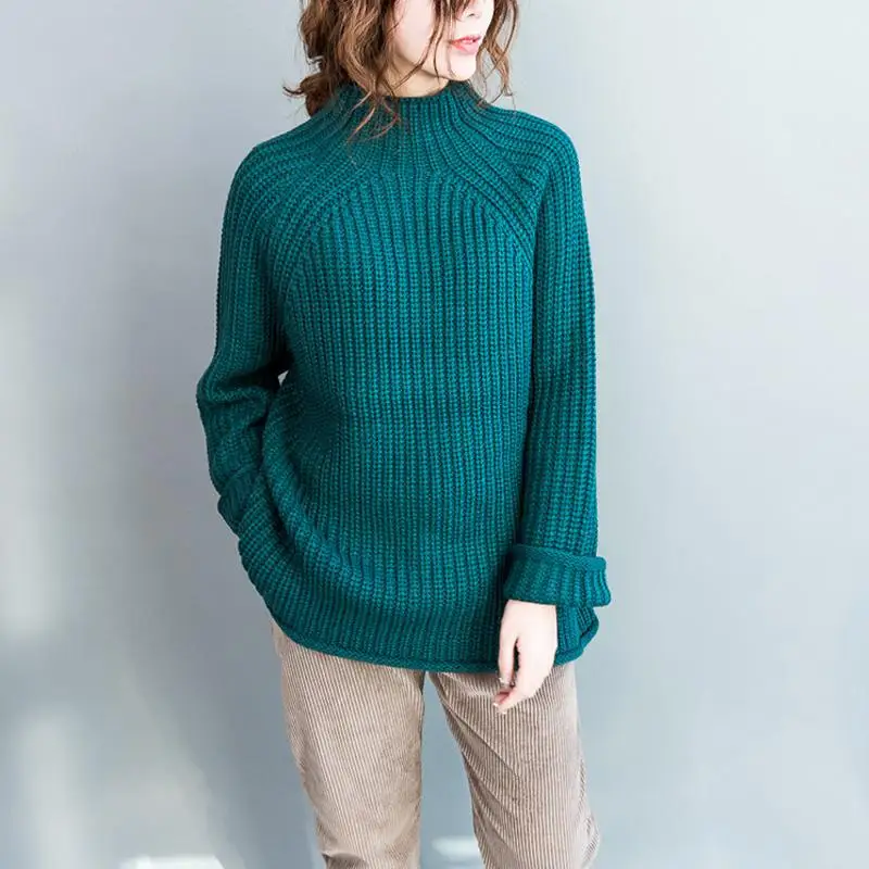 Blue-green Новинка, осенне-зимний Повседневный вязаный свитер с высоким воротом, корейский Удобный свободный пуловер для отдыха, женская одежда - Цвет: Blue-green