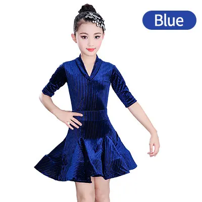 Blue 3/4 г. Платье для латинских танцев для девочек; бархатное платье в рубчик с длинными рукавами; платья для профессиональных латинских танцев - Цвет: Blue