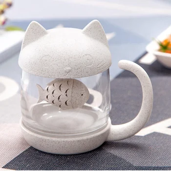 

Cat Glass Tea Mug Ceramics Cup Cute Kitten Glass Cup With Lid With Fish Infuser Strainer Filter 250ML