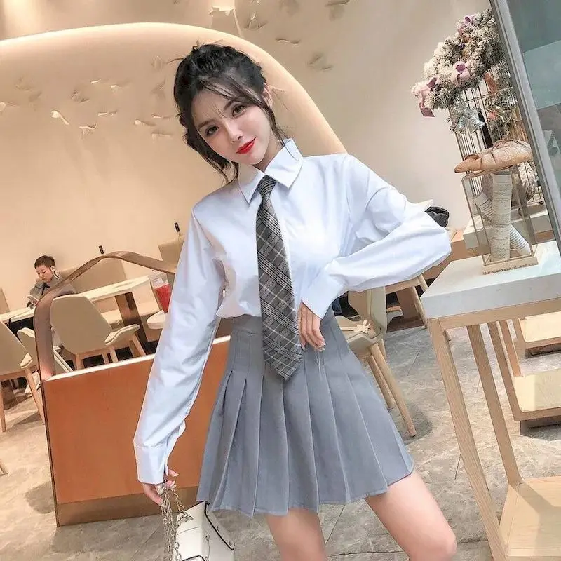 School Girl Uniform Two-piece College Style Pleated Skirt Suits Women Summer Loose Shirt Korean Uniform