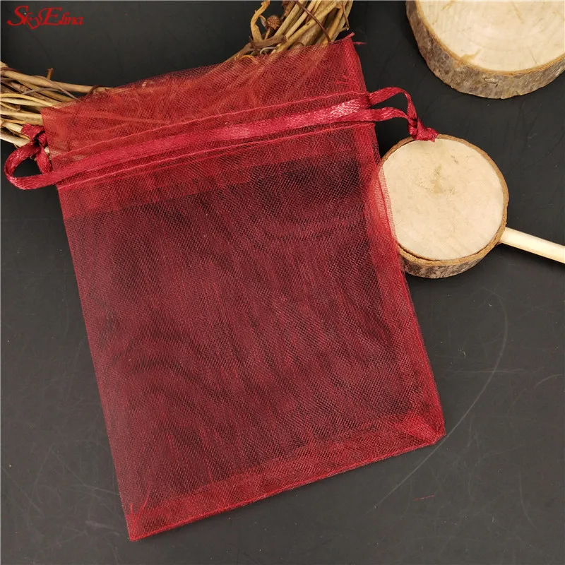 wine red 50 шт. тянущаяся органза сумки 7x9 9x12 10x15 11x16 13x18 см для упаковки ювелирных изделий, для дня рождения, Рождества, Свадебная вечеринка мешочек для подарков 7Z - Цвет: wine red