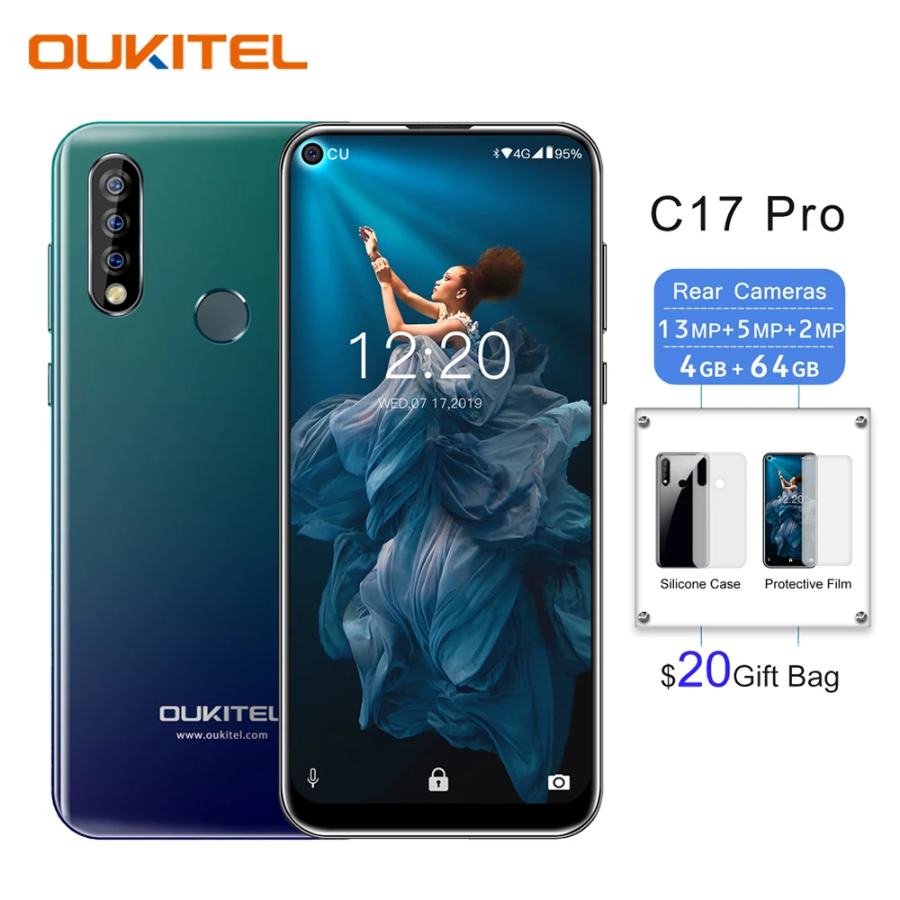 OUKITEL C17 Pro 4G 64G смартфон 6,3" 19:9 глухих отверстий Android 9,0 мобильный телефон Восьмиядерный Тройная задняя камера отпечаток лица