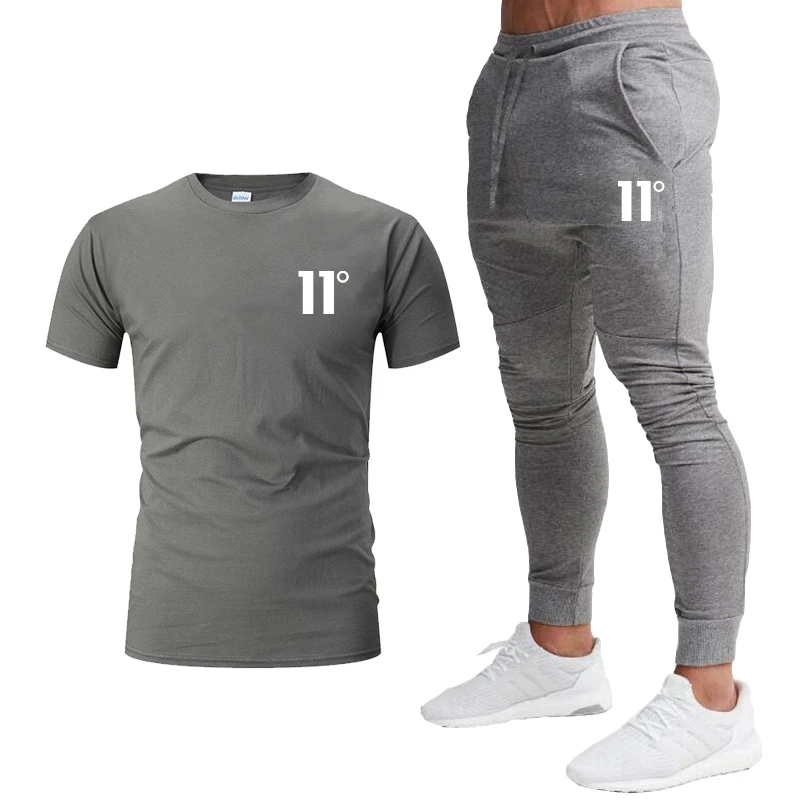 11 Degree Printing Men's Sportswear T-shirt + Trousers 2-piece Jogging Short-sleeved Casual Cotton | Спорт и развлечения
