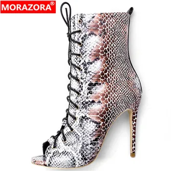 

MORAZORA 2020 new arrive ankle boots women snake peep toe summer boots lace up thin high heel party prom shoes ladies boots