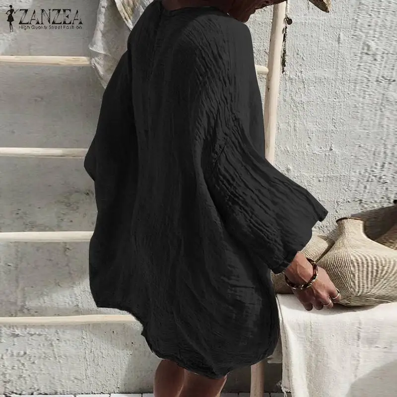 ZANZEA женское платье Сексуальное мини Vestidos Женские повседневные хлопковые однотонные короткие платья летний сарафан пляжная Женская одежда для вечеринки 5XL
