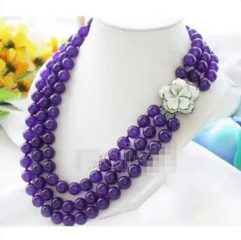 

3 Rows 8mm Purple Amethyst Round Beads Necklace 17-19'' Shell Flower Clasp