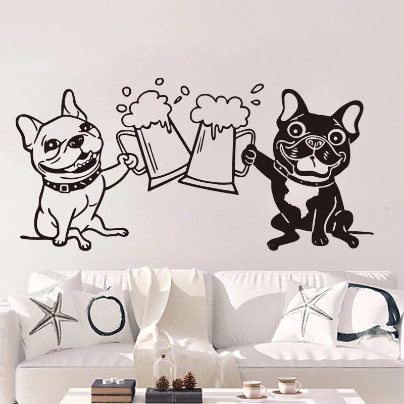 Large French Bulldogs Toasting Drink Beer Wall Sticker Bar Kitchen Bulldogs Pet Friend Alcohol Beer Wall Decal Dinning Room Vin  (1)
