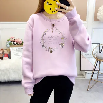 

New Fashion Women Hoodie Floral Print Long Sleeve O Neck Fleece Inside Women's Sweatshirt Thick Women Pullovers Tops