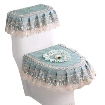 

3pcs Winter Bathroom Soft Home Decoration Warm Floral Lace Fabric Protect Dustproof U Shaped Mat Toilet Seat Cover Set