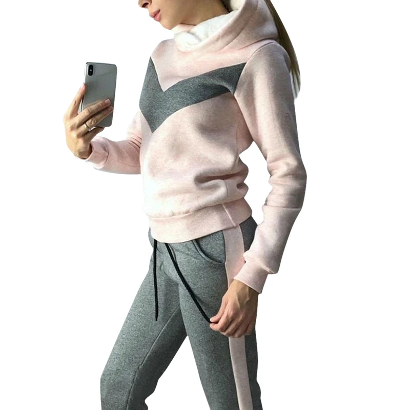 Лоскутный флисовый спортивный костюм, осень, зимние спортивные толстовки, спортивные костюмы, женские спортивные костюмы для бега, спортивный костюм, женская одежда - Цвет: Light Gray suit 1