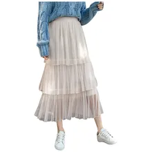 Женские многослойные юбки, одноцветная трапециевидная плиссированная юбка, весна-осень, плиссированные юбки до середины икры, юбки больших размеров, свободная юбка#5