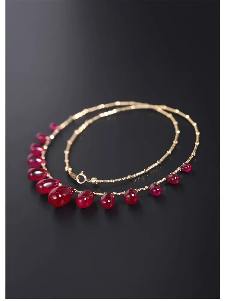 DAIMI Plain Water Drop Ruby Necklace Female Heaven Genuine Yellow 18K Gold Color Treasure Pendant Gift