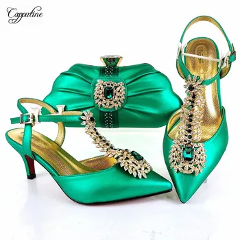 

Gorgeous Green Wedding Shoes Bag Sets Decorated With Stones African High Heel Pumps And Handbag MM1106 Height 7cm