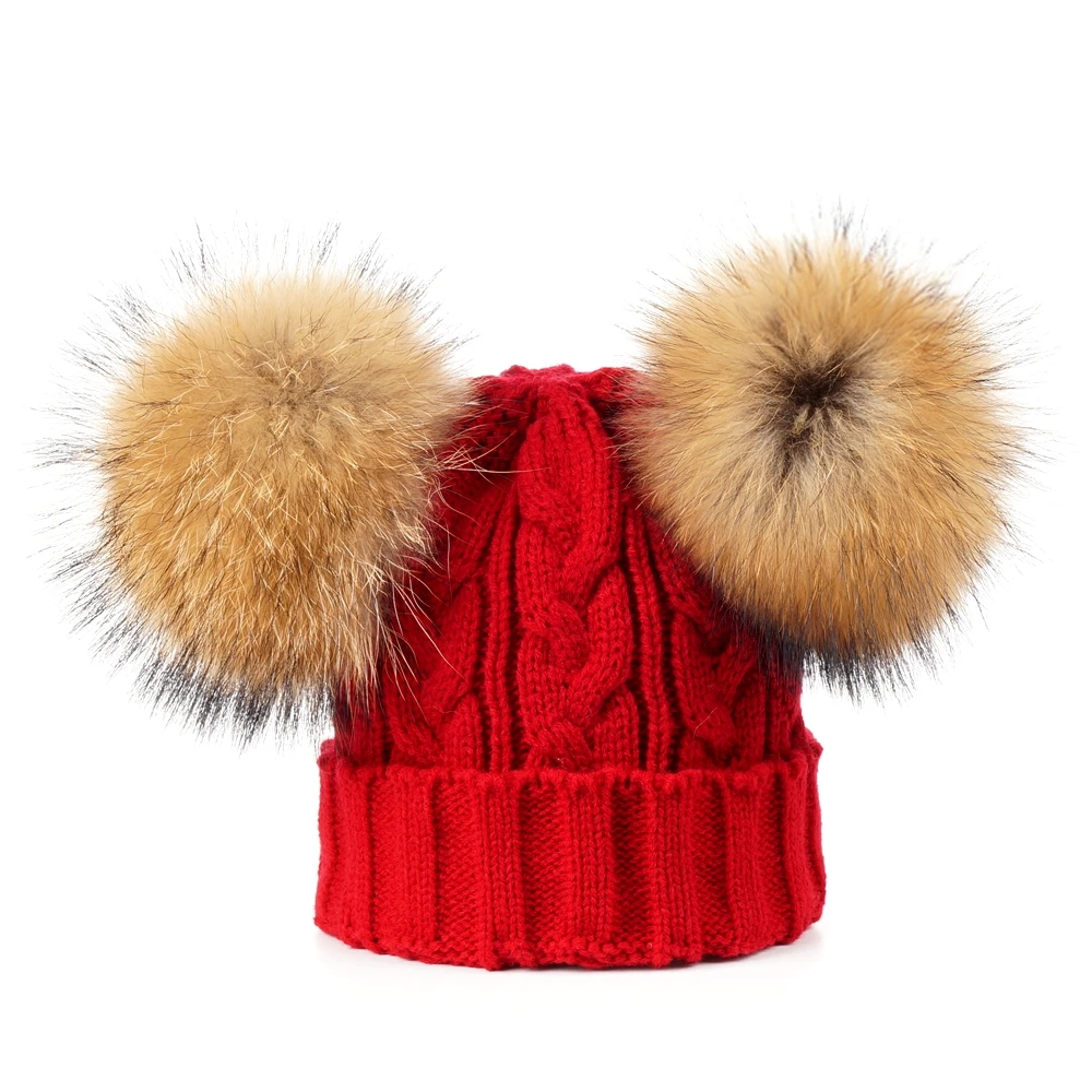 13 CM POM POM Милая шапка с черепом и помпонами из натурального меха для мальчиков и девочек, детская зимняя теплая Шапка-бини - Цвет: 13 CM POM POM