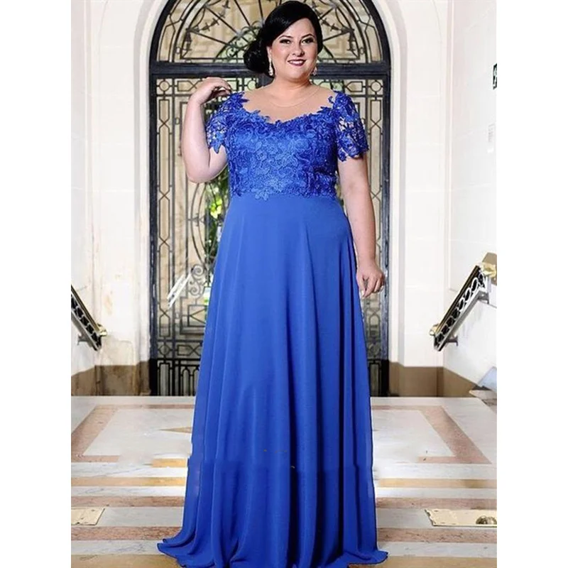 Grace Royal Blue Mother of The Bride Dresses Lace Short Sleeve Formal Evening Gowns Chiffon Plus Size Mother Gowns for Weddings