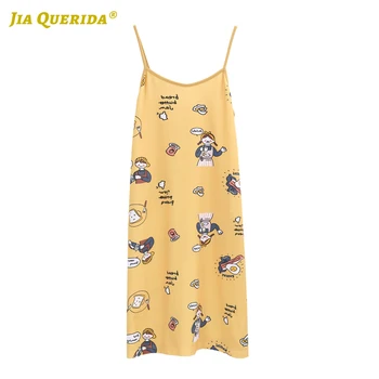 

V Neck Printing Night Wear Soft New Night Gown Nighty Home Dress Long Shirt Nighties for Woman Summer Sleeveless Cartoon Cute