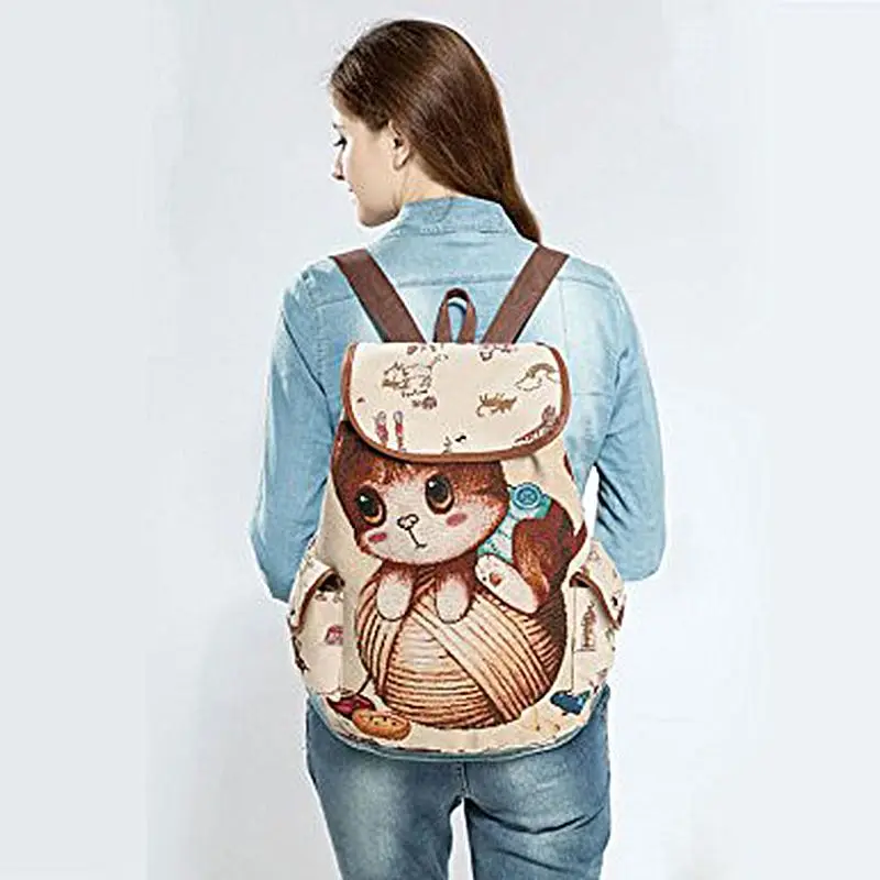 Женский холщовый рюкзак с мультяшным котом школьный портфель с рисунком карманы Повседневная винтажная сумка рюкзак на шнурках для