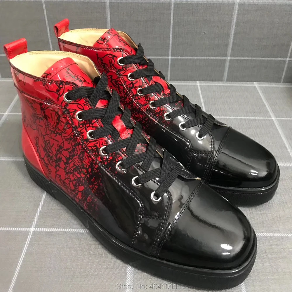 

High Top Leisure cl andgz Lace Up Black Patent Leather sports shoes Rivets Red bottoms For men sneakers Flat Loafers Footwear