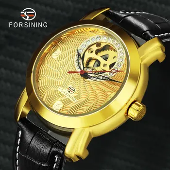 

Top Brand Luxury Mechanical Wristwatch Male FORSINING Golden Corrugated Designer Automatic Skeleton Watches Men Leather Strap