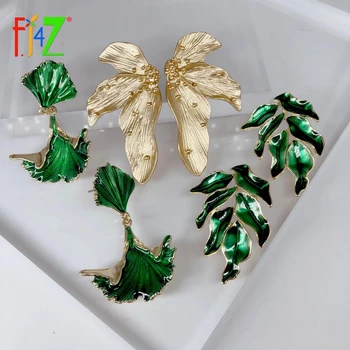 

F.J4Z New Bohemian Alloy Leaf Earrings Fashion Green Enamel Women Earrings Big Stud Earrings for Girls Dropship
