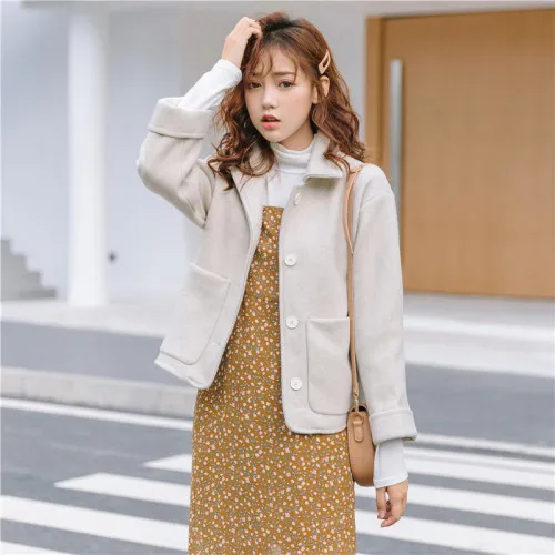New Preppy Style Cute Women Wool Blends Slim Coat Little Coats Outerwear Green Apricot 1124