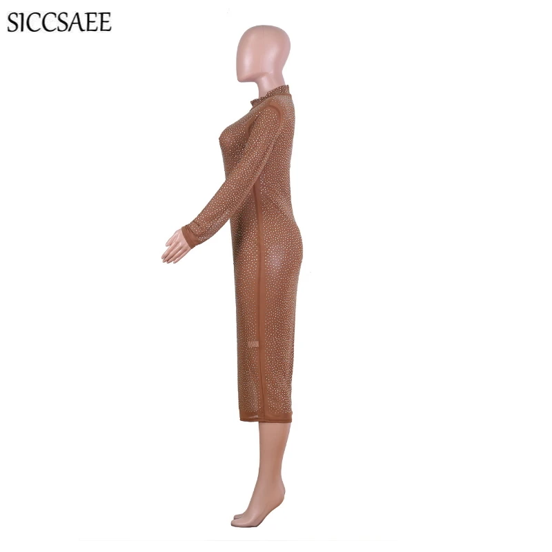 Прозрачные сзади на молнии с длинным рукавом Bodycon Бандажное платье миди со стразами бисером Vestidos De Renda сексуальные Клубные платья элегантные роскошные