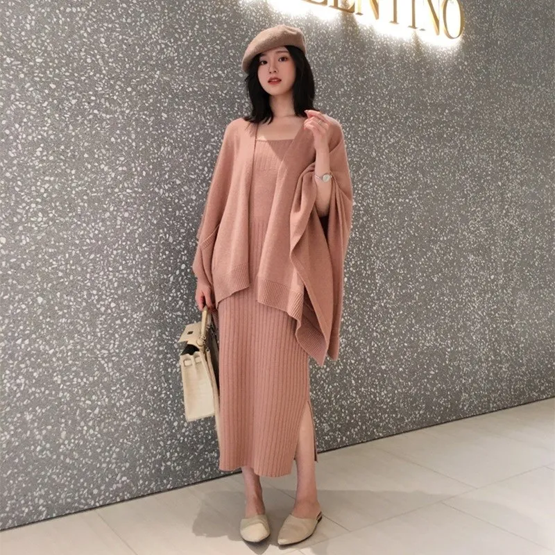 

Autumn Winter Women Two Piece Set Knit Wool Blends Cardigan Coat Knitwear And Bodycon Dress Knitted Outfits