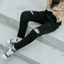 Детские брюки г. Новые стильные осенние джинсы для девочек в Корейском стиле модные джинсы с дырками для больших мальчиков