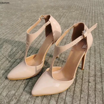 

Olomm 2019 Handmade Women Concise Sandals Sexy Stiletto Heels Sandals Pointed Toe Shiny Nude Dress Shoes Women US Plus Size 5-15
