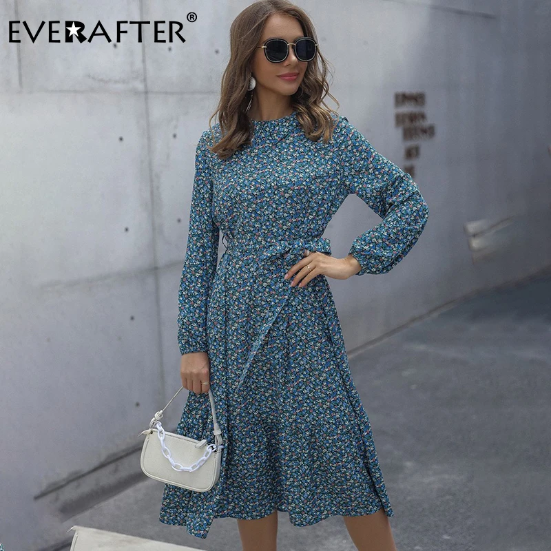 Женское пляжное платье EVERAFTER Boho синее с цветочным принтом и длинными рукавами на