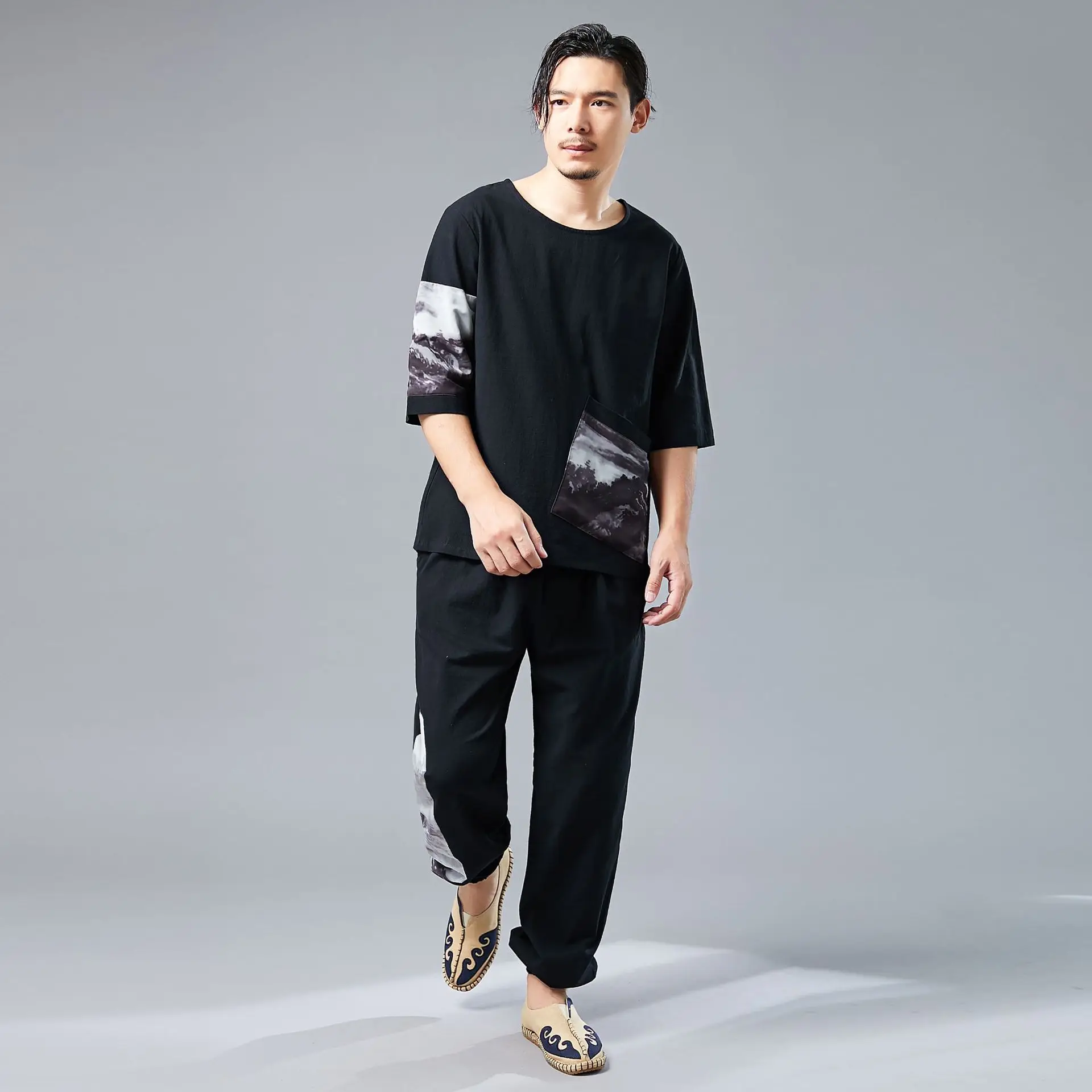 린넨 프린트 루즈 하렘 운동복 세트 남성용, 요가 바지, 조깅, 캐주얼 피트니스, 운동복, 여름