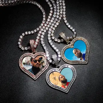 

Heart Shape Photo Frame Memory Medallions Pendants Necklace for Women Men Hip Hop Bling Iced Out Rapper Jewelry
