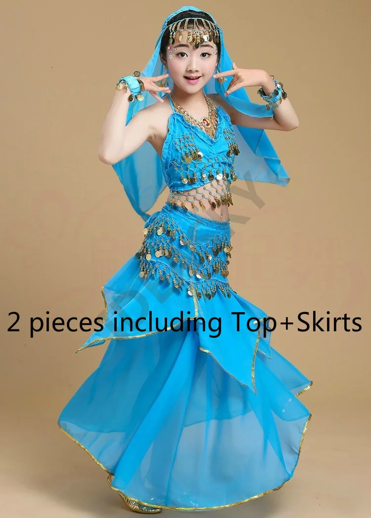 Sky blue 2pcs Египетский Восточный Болливуд взрослый набор костюма для танца живота костюм женщина для детей профессиональный детский танец живота топ юбка платье - Цвет: Sky blue 2pcs