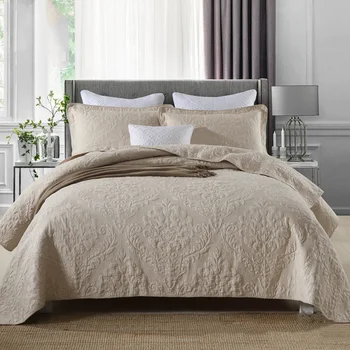 

CHAUSUB Plain Embroidered Bedspread Quilt Set 3PCS Solid Cotton Quilts Quilted Bed Cover Shams Queen Size Beige Coverlet Sets