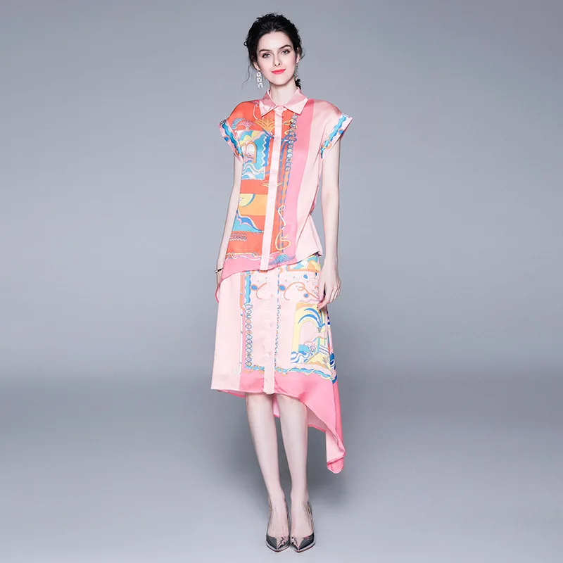 

Elegant Two-Piece Set Summer New Style Europe And America WOMEN'S Top Shirt Skirt Irregular Printed-Style Set