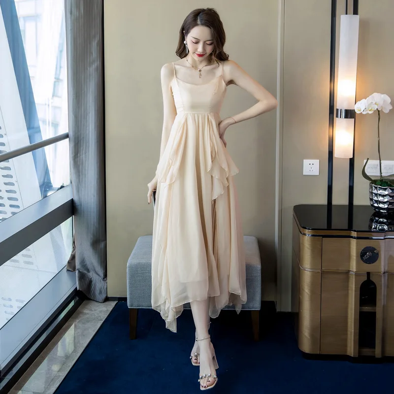

Burst 2019 Summer Korean-style Elegant Crew Neck Camisole Fairy Skirt Gauze Pleated Dress Irregular Tank Dress