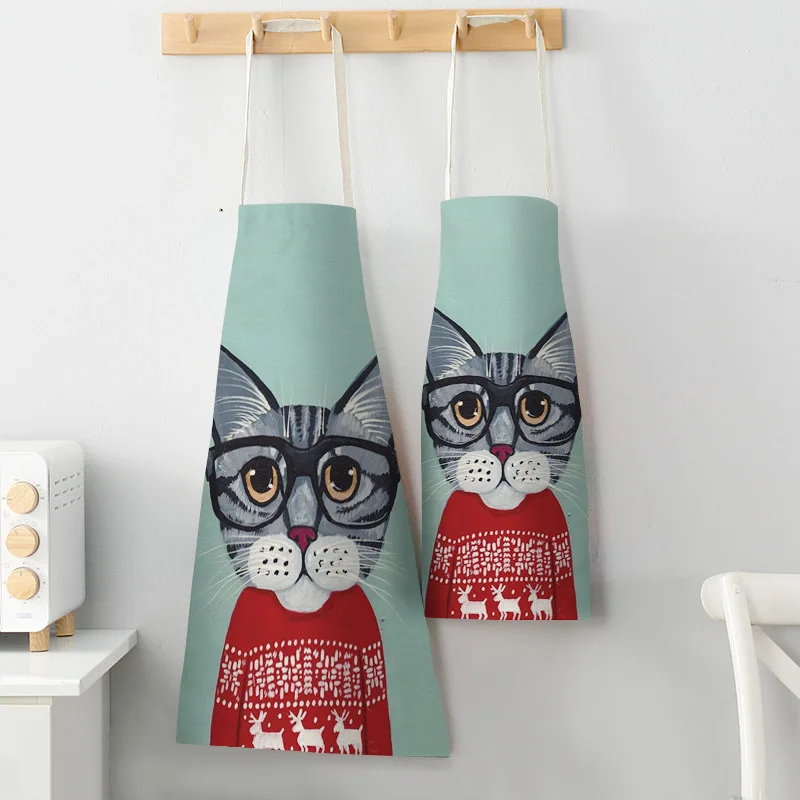 Women Kitchen Apron Cotton Linen Cartoon Cat Sleeveless Chef Cooking Aprons Kitchen accessories 68*55cm 0094