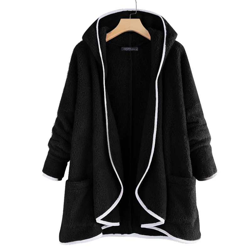Женское модное зимнее пальто из флиса с закругленным подолом, повседневное пальто с длинным рукавом и капюшоном, кардиган ZANZEA размера плюс, женские теплые пальто - Цвет: Черный