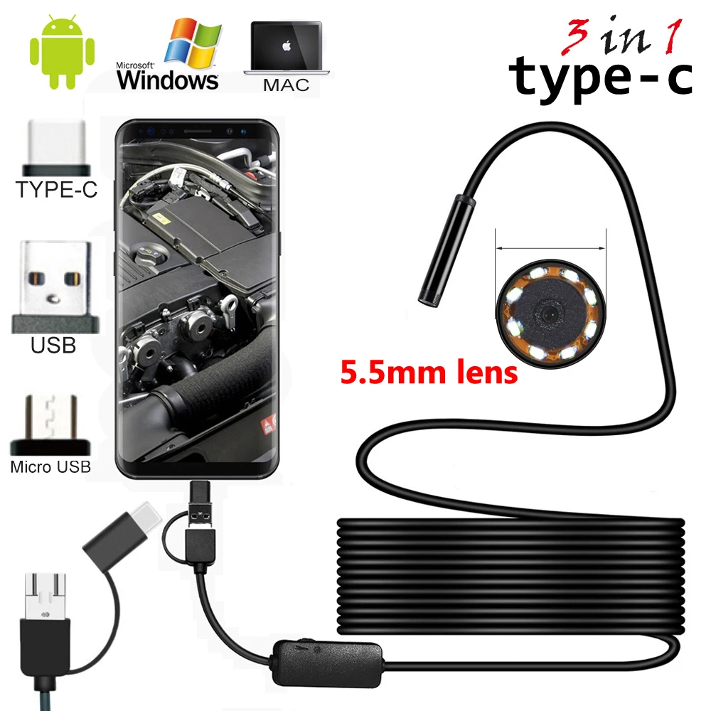 2m/5m Cable 5.5mm 8mm Lens PC Android Endoscope Camera Industrial  Borescopes TypeC USB Mini Endoscope Waterproof