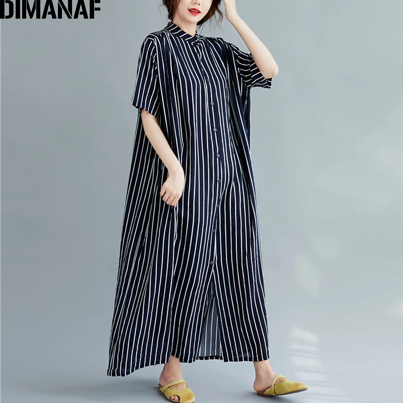 DIMANAF Oversize Women Dress Print Striped Summer Sundress Clothing ...