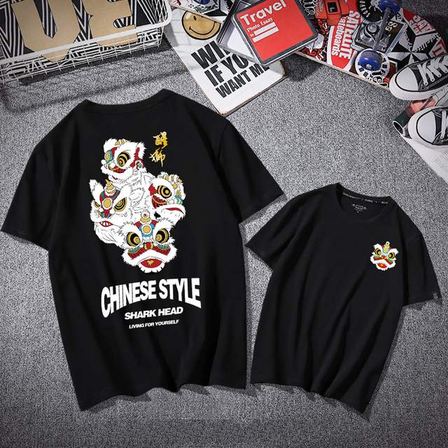 Cartoon Chinese Lion Head Print Men Tshirt Summer 100% Cotton Vintage Style Clothes Funny Hip Hop Cool Plain Streetwear