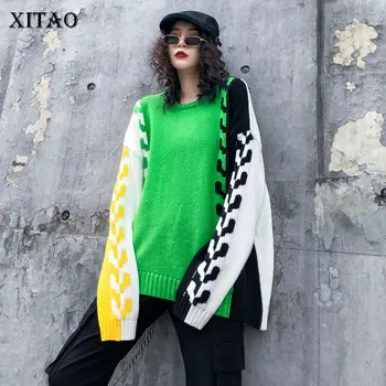 

XITAO Hit Color Knitted Sweater Full Sleeve Patchwork Irregular Casual Pullover Elegant Small Fresh Straight Sweater DMY1351