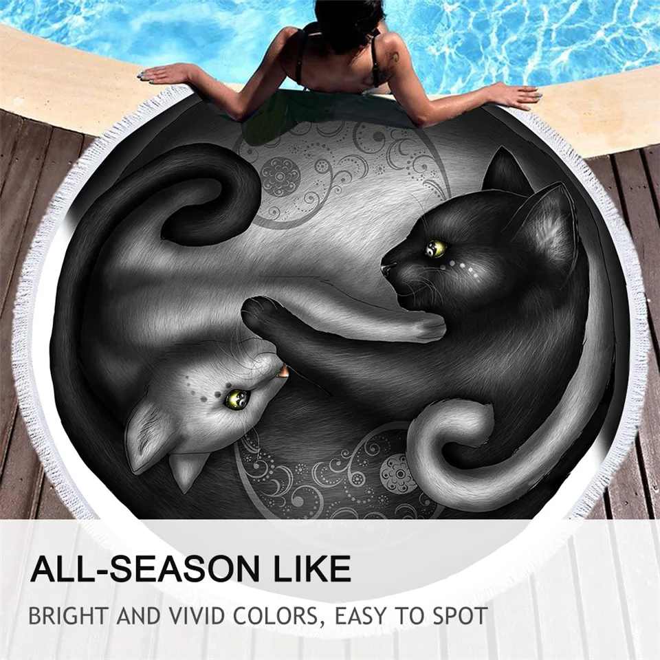 Yinyang Cat Morning by Khalia Art круглое пляжное полотенце из микрофибры с узором пейсли одеяло черно-белый коврик для пикника