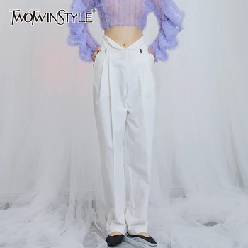 

TWOTWINSTYLE White Casual Cross Pant For Women High Waist Pocket Ruched Minimalist Large Size Pants Female 2020 Summer New Style