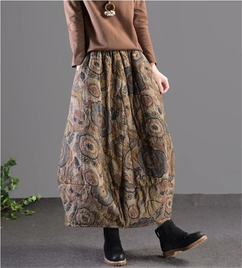 Skirts Womens Retro Ethnic Printing Loose Quilted Thick Cotton and Linen Bud Skirt Long Autumn Winter Warm Jupe Femme f2562 | Женская