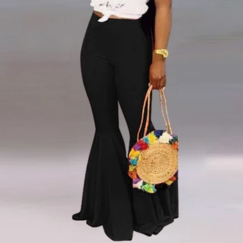 

Fashion Flare Trousers Women Ruffled Horn Wide Leg Loose Elastic Pleated Pants Female Casual Solid Color Party Clubwear